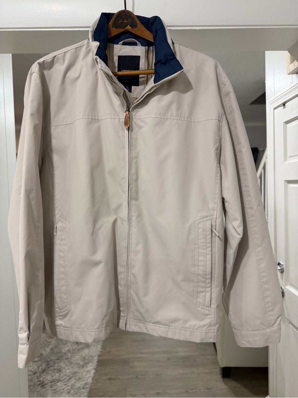 Man’s London Fog Lightweight Beige Jacket with Navy Collar.